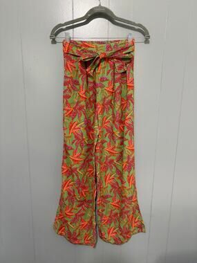 Midnight Sky Green Tropical Print Cotton Linen Blend Wide Leg Pull-on Pants S